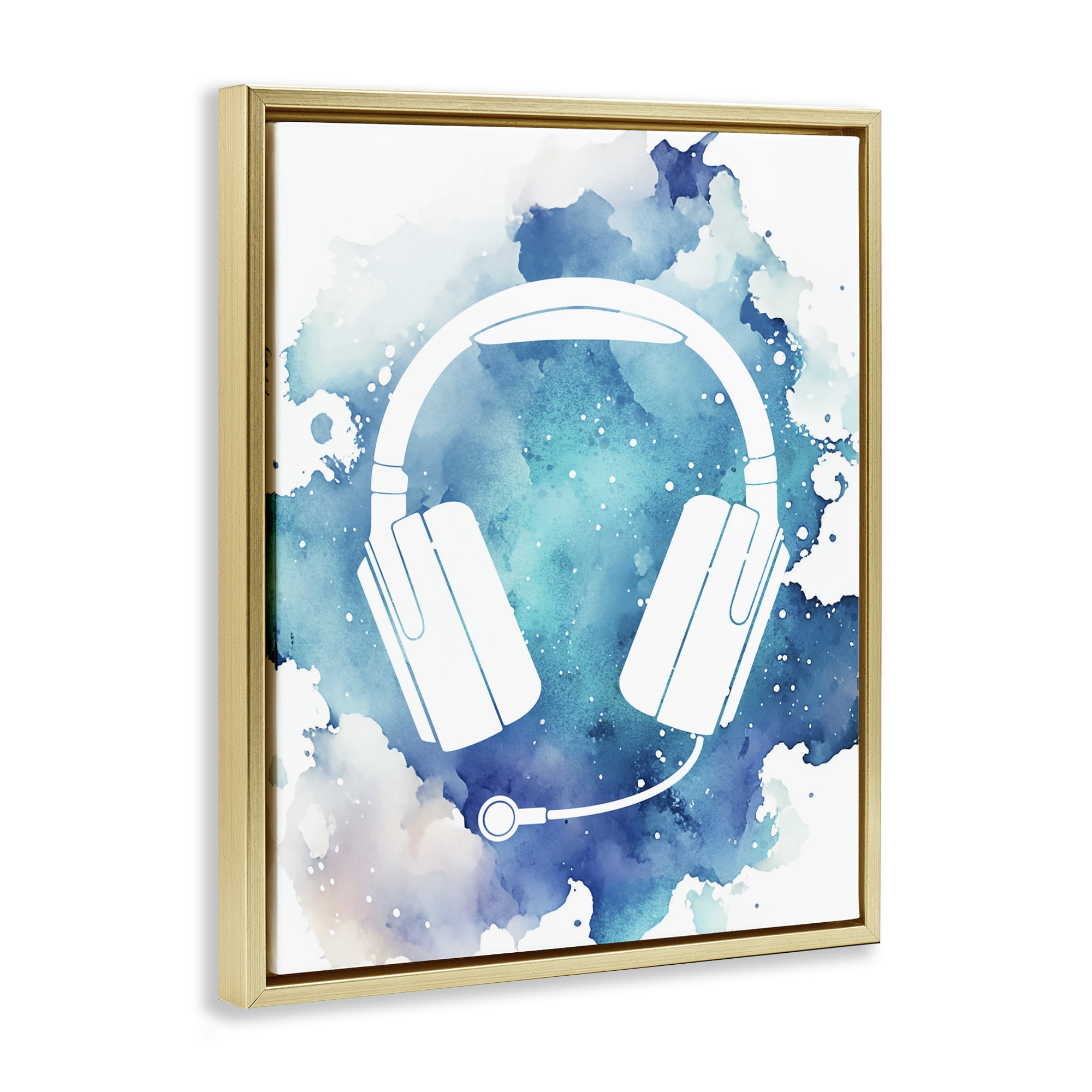 Blue Headphone Splatter Gold Framed Floater Canvas Wall Art, design by Marcus Prime