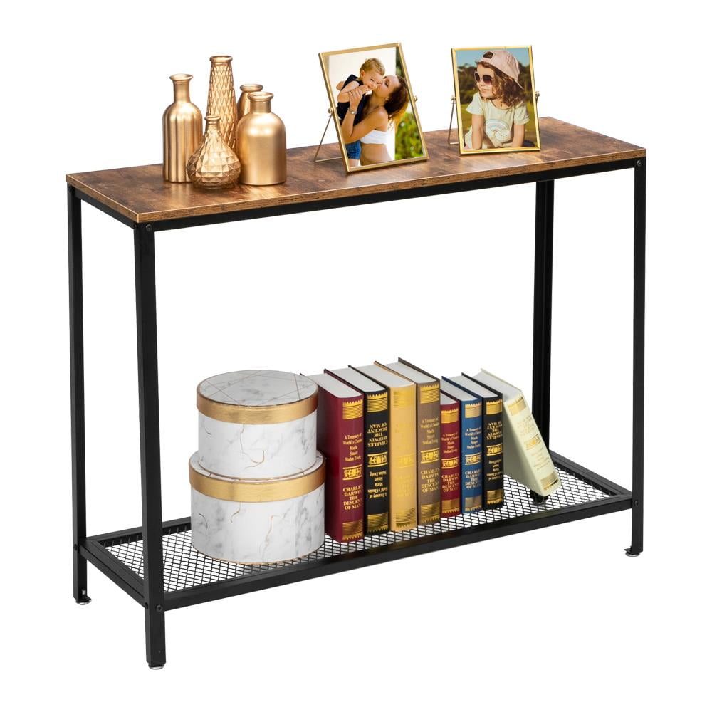 Side Table End Console Table 2 Tier Mesh Shelves Industrial Wood and Metal 