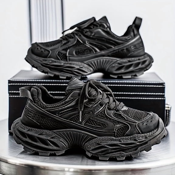 [Breathable Sneakers] Chunky Breathable Mesh Men's Sneakers | Retro Low-Top Lace-Up Casual Shoes with Thick Cushioned PVC Sole for Running, Walking & Daily Wear - All-Season Comfort & Height Boost