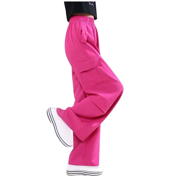 Odeerbi 5-16 Años Niñas Cargo Pantalones Deportes Pantalones Pierna Ancha Primavera Color Sólido Suelto Pantalones de Trabajo Con Múltiples Bolsillos