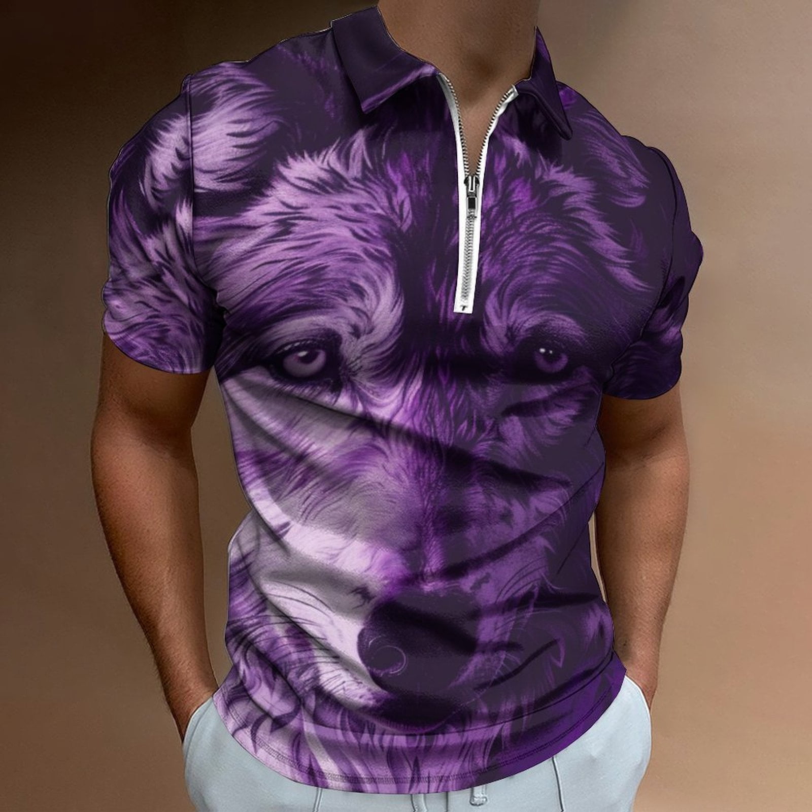 Purple Wolf Men Zipper T-shirt Summer Casual Short Sleeve T-shirt