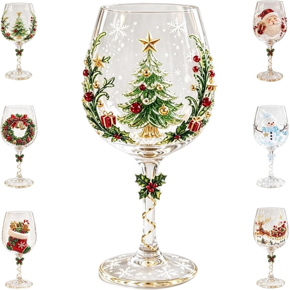 Christmas 3D Wine Glass Collection Gift Box Set,3D Christmas Glassware with Raised Holiday Designs,Festive Christmas Glass Cups for Wine,Drinks,Party and Home Decor(A5)