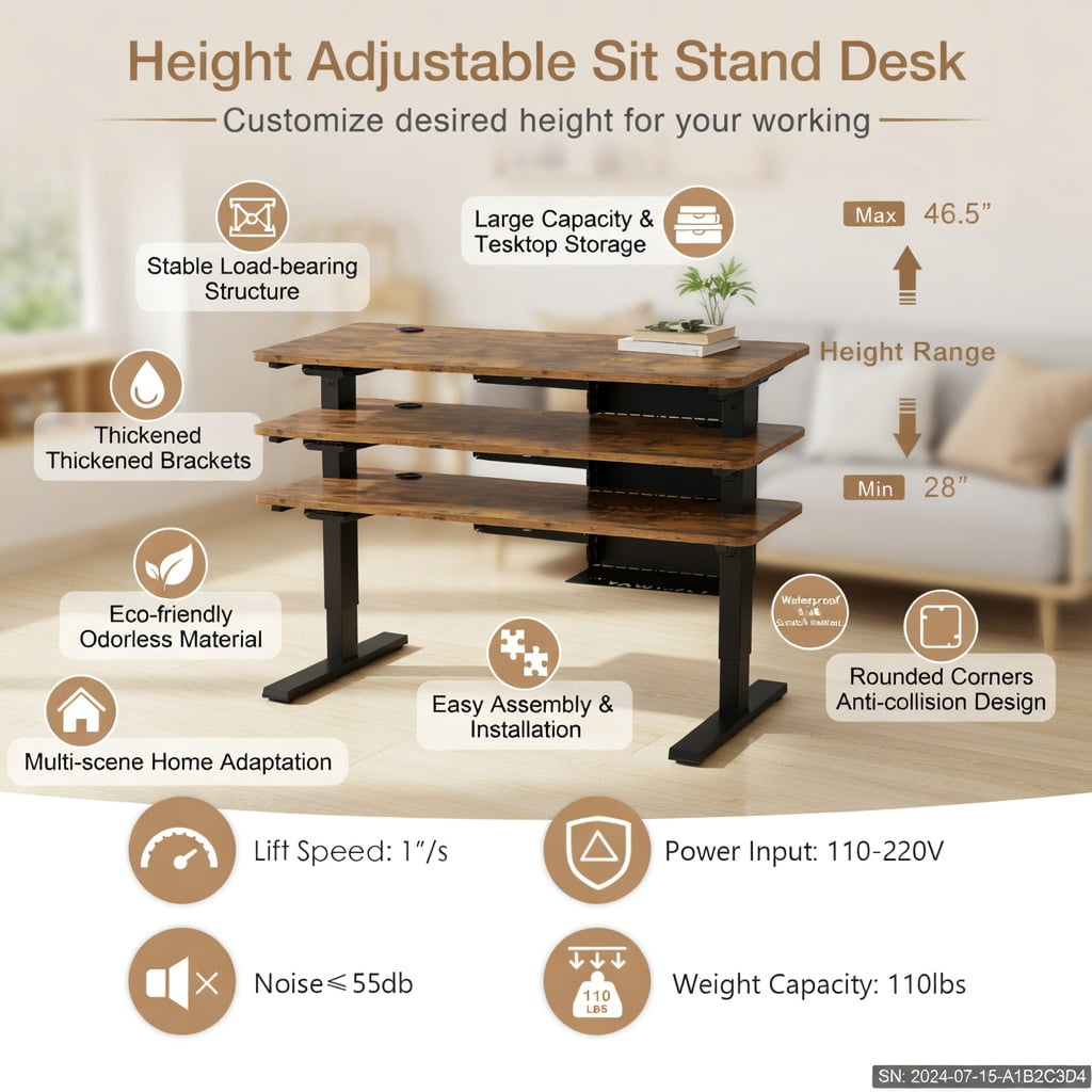 Demi Bonn 48" Electric Height Adjustable Standing Desk with Control Panel, Small Home Office Desk Study Writing Table, Brown