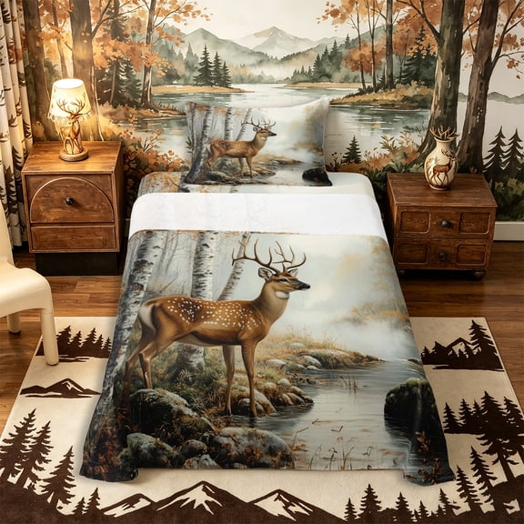 Castle Fairy Vintage Oil Paint Spotted Deer Twin Sheets 3pcs,Autumn Birch Creek Pine Bedding,Ochre Brown Cream,1 Fitted Sheet, 1 Flat Sheet and 1 Pillowcase