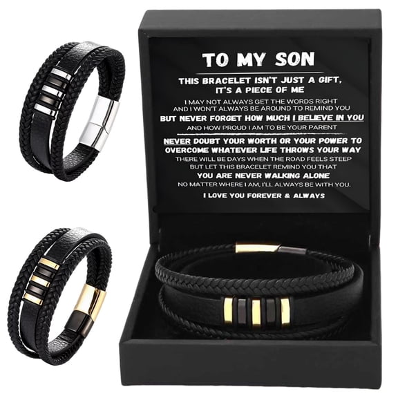 To My Son - Never Walk Alone Braided Bracelet Set Men Leather Bracelets from Mom with Message Card and Gifts Box