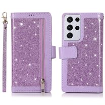 Galaxy S21 Ultra Wallet Case,Allytech Bling Flip Folio PU Leather Magnetic Kickstand Cell Phone Cover with Credit Card Holder,Zipper Pocket Wrist Strap for Samsung Galaxy S21 Ultra 5G 6.8 Inch, Purple