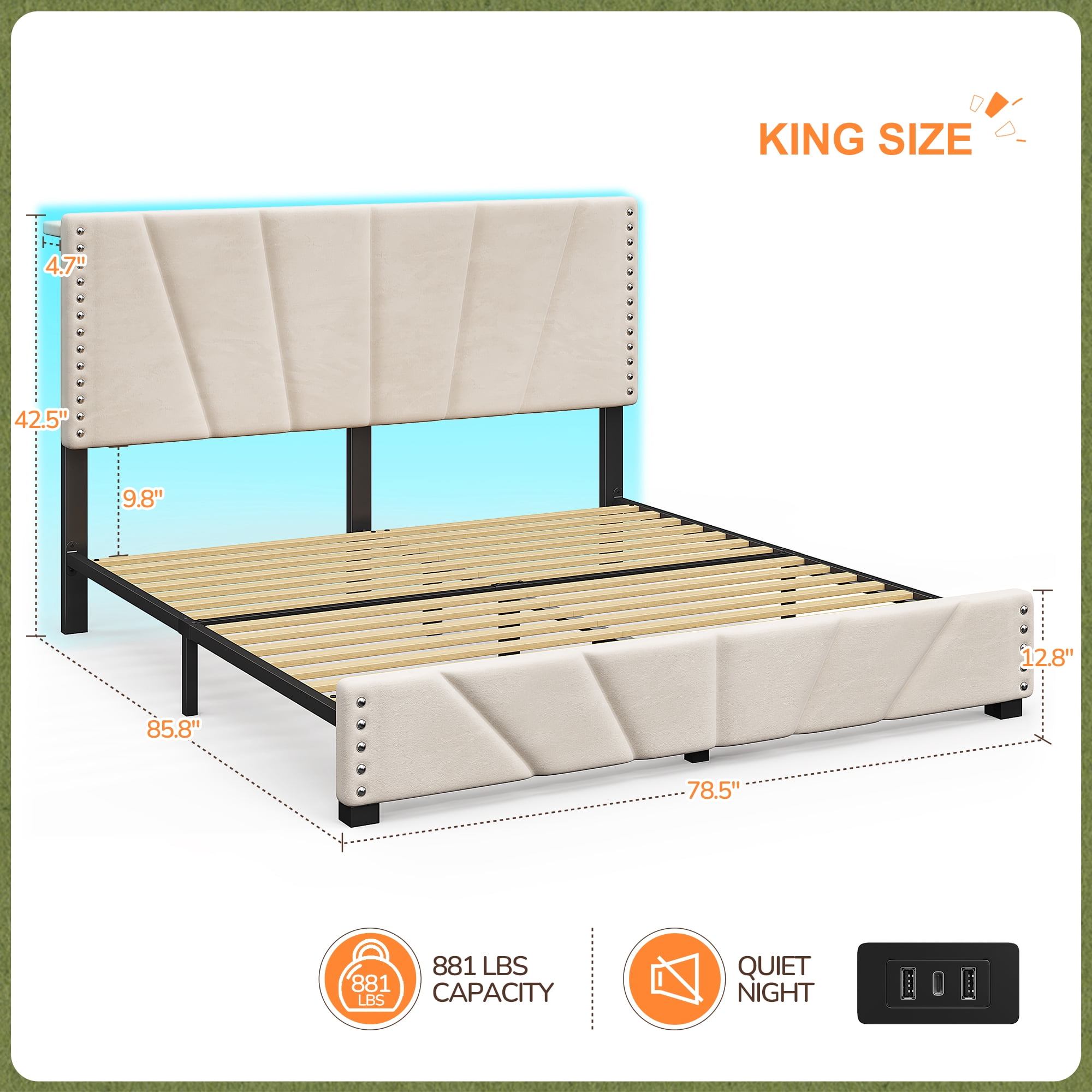 Romorgniz King Size Bed Frame with Underbed Storage Upholstered Bed Frame with Adjustable Headboard Platform Bed Frame with LED Light & Charge Station ,Beige