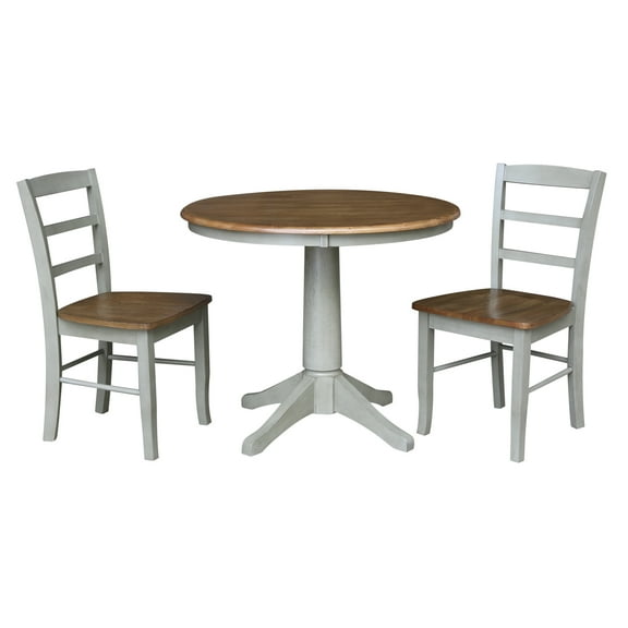 International Concepts 36" Round Solid Wood Pedestal Dining Table with 2 Madrid Ladder Back Chairs in Distressed Hickory/Stone