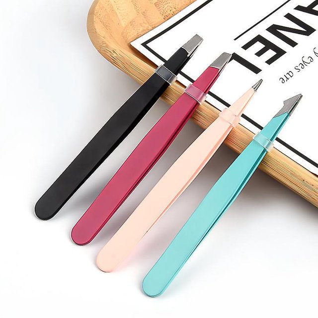 Juego de pinzas para cejas (4 piezas) para mujeres y hombres - Juego de pinzas profesionales inclinadas y puntiagudas con estuche - Kit de pinzas de precisión para vello facial, férula