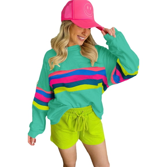 Women's Green Stripe Accent Long Sleeve Casual T-Shirt [ZhiHiMeRi] | (US 20-22)2XL