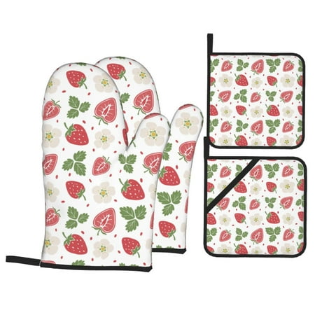 

Oven Mitts and Pot Holders 4 Piece Cute Flower Strawberry Leaves High Heat Slip Resistant Oven Mitt and Trivets Set Kitchen Oven Glove Pot Holders for Cooking Baking Grilling