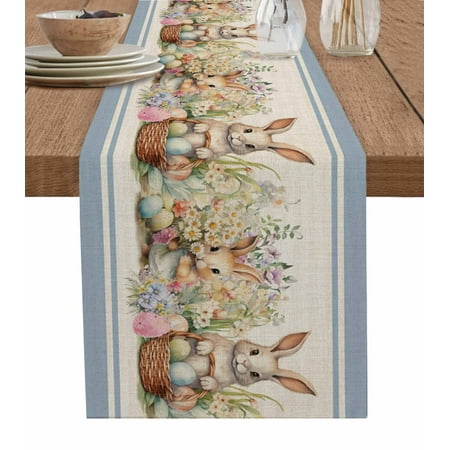 

Easter Bunny Blue Table Runner Rustic Daisy Flower Easter Basket Egg Tablerunners 13 x 48 Inch Table Decorations Tabletop Scarf for Summer Gathering Holiday Farmhouse Kitchen Dining Decor