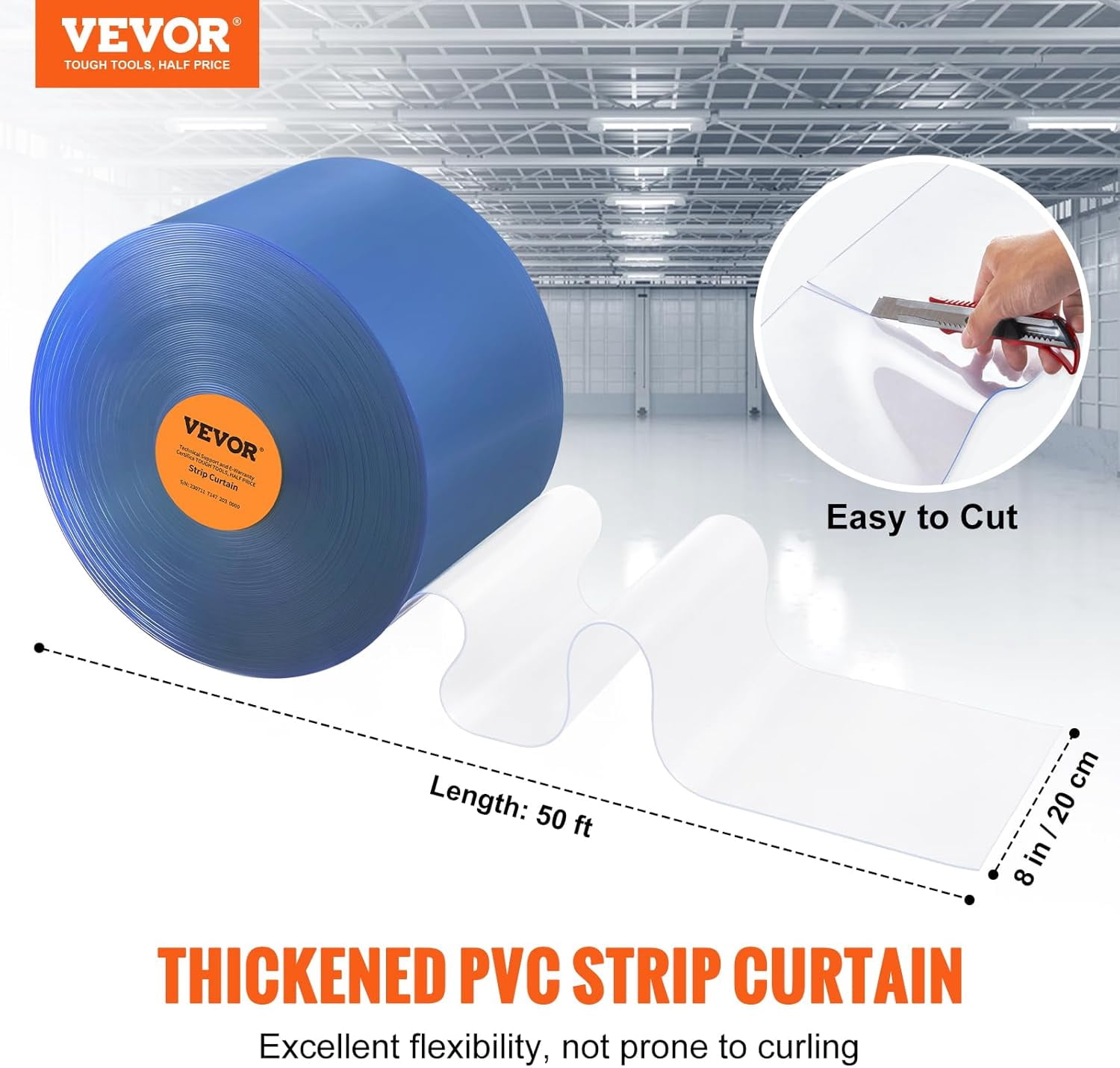 WLTER Strip Curtain, 50' Length x 8" Width x 0.08" Thickness, Clear PVC Smooth Curtain Strip Door Bulk Roll, Plastic Door Strips for Doorways of Supermarket, Garage, Warehouse, Barn, Pet Animal House