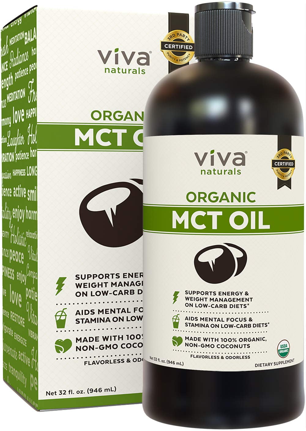 Viva Naturals USDA Organic MCT Oil (32 fl oz) â Made with 100% Organic Non-GMO Coconuts, Keto Friendly and Paleo Diet Certified