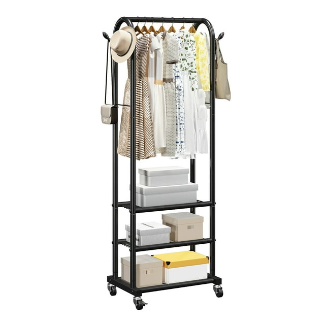 VEVOR Clothes Rack, with Hanging Rod and Side Hooks, 3 Storage Shelves, 99 lbs Load Capacity, Heavy Duty Carbon Steel Clothing Racks.