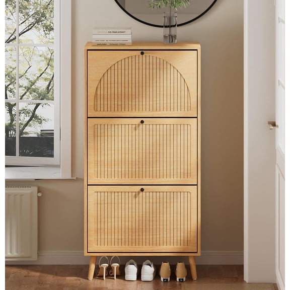 Shoe Storage Cabinet with 3 Flip Drawers, Fluted Narrow Entryway Shoe Organizer, Freestanding Wood Hidden Shoe Cabinet, Wood