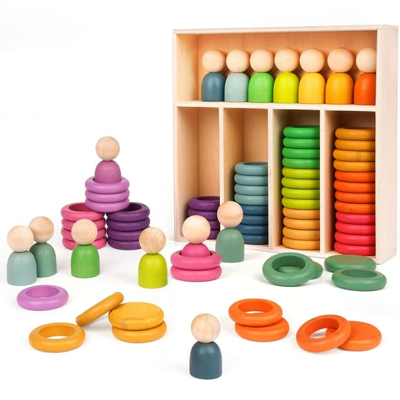 Montessori Toys Wooden Color Sorting Stacking Rings Toy Rainbow Wooden Peg Dolls Counting Toys Circular Building Blocks Stacking Game Preschool Learning E
