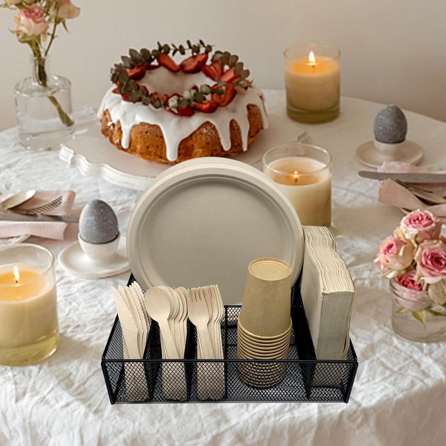 HBlife Paper Plate Organizer for Countertop, Metal 6 Compartments Kitchen Utensil Holder
