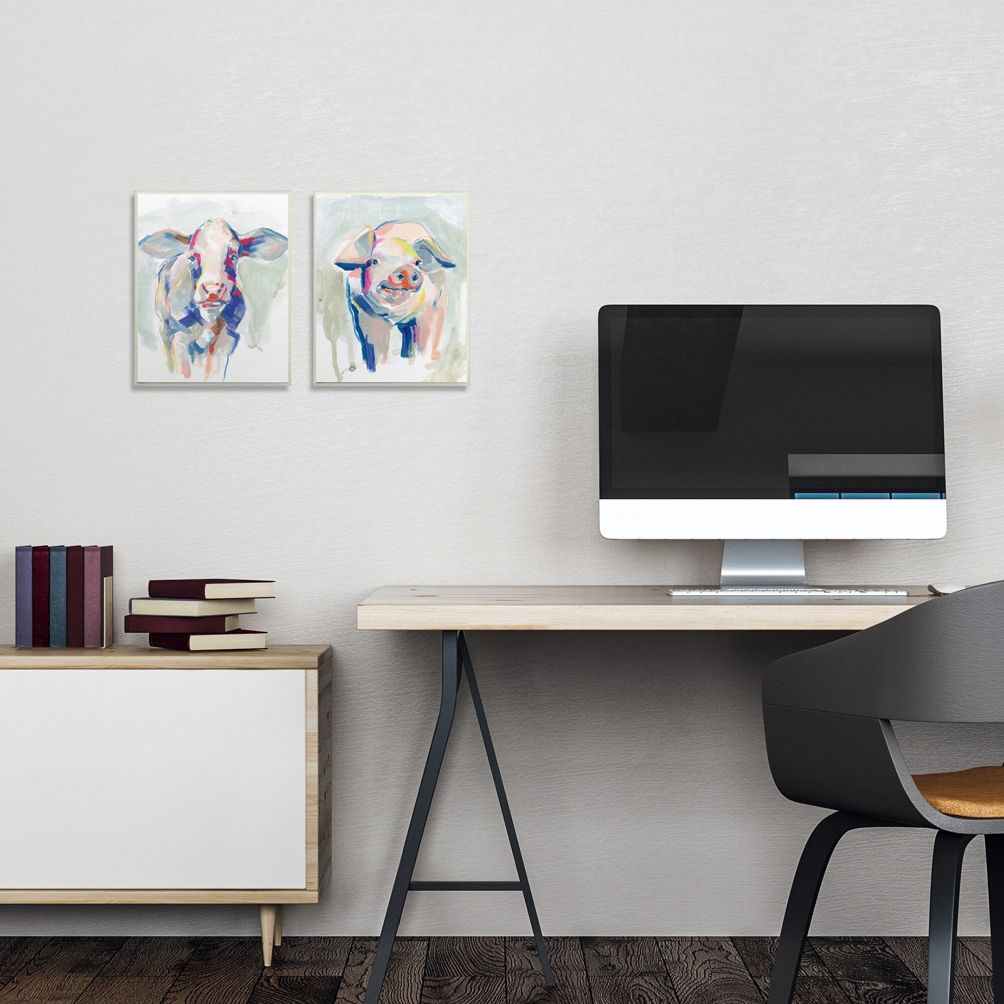 Stupell Industries Colorful Cow And Pig Farm Animal Paintings Black Framed Art Print Wall Art Set of 2, 16x20, by Jennifer Paxton Parker
