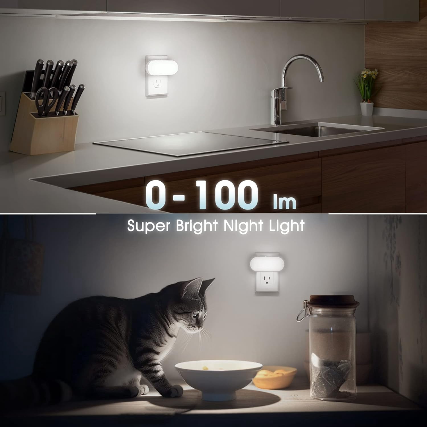 Led Night Light, Plug into Wall, [2 Pack] with Dusk to Dawn Sensor, 1W 5000K Dimmable Night Light from 0LM to 100LM for Bathroom Hallway Bedroom Kids Room Stairway