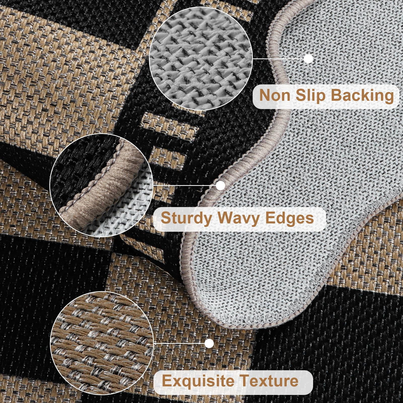 Checkered Easy Jute Entryway Rug  2x3 Washable Non Slip Kitchen Indoor Outdoor Door Mat Farmhouse Low Pile Floor Black Rugs For Porch Doorway