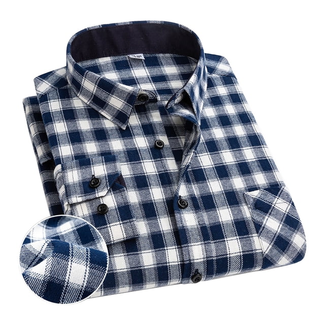 Camisa a cuadros cepillada de algodón puro para hombre, camisa informal a cuadros con solapa para todas las estaciones, para compras informales en casa, citas y oficina