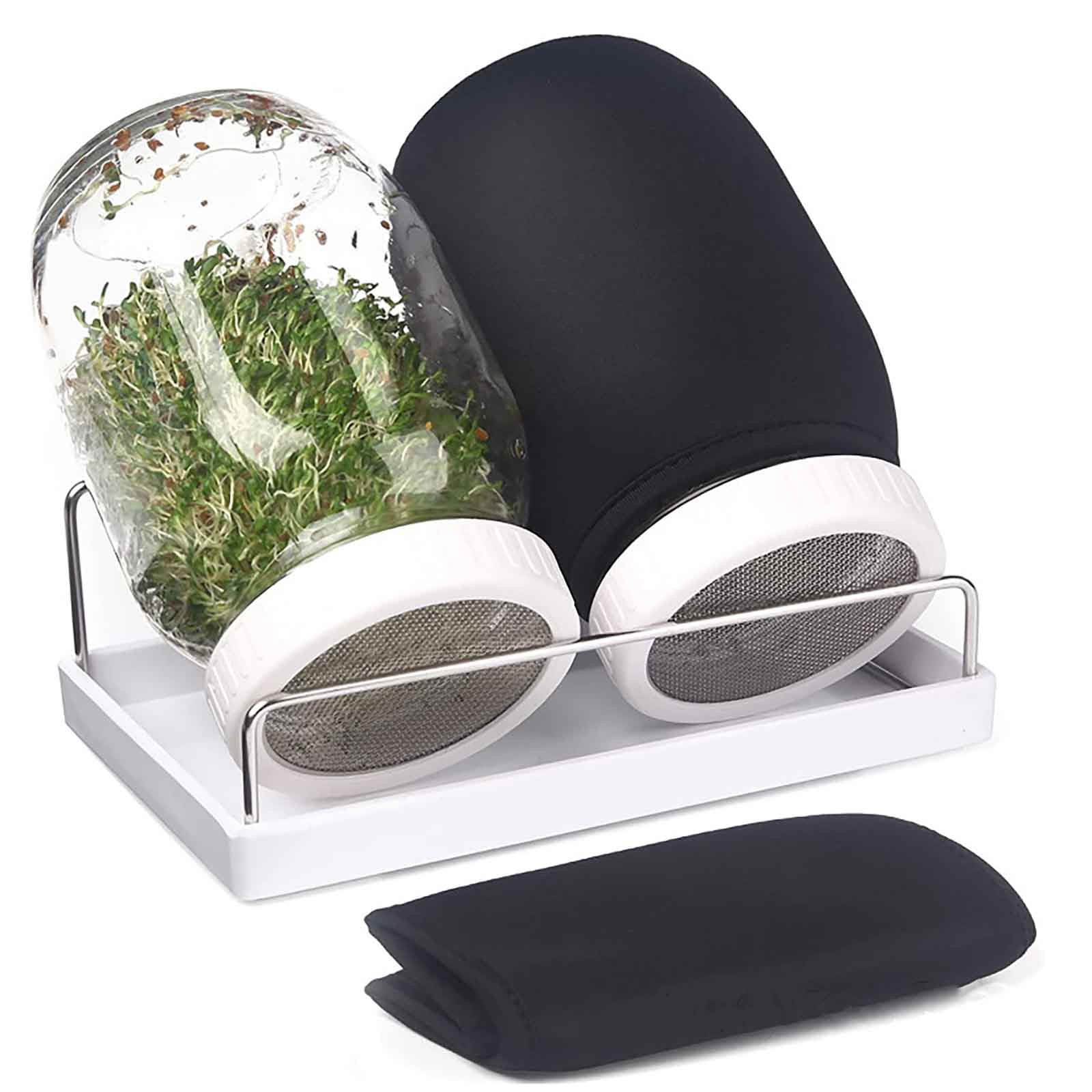 syligr Complete Sprouting Kit with 2 Glass Jars Stainless Steel Lids, Wide Mouth Seed Sprouter for Broccoli Alfalfa Beans, Food Grade Germination Tray Stand, Easy Home Sprout Grower for Beginners
