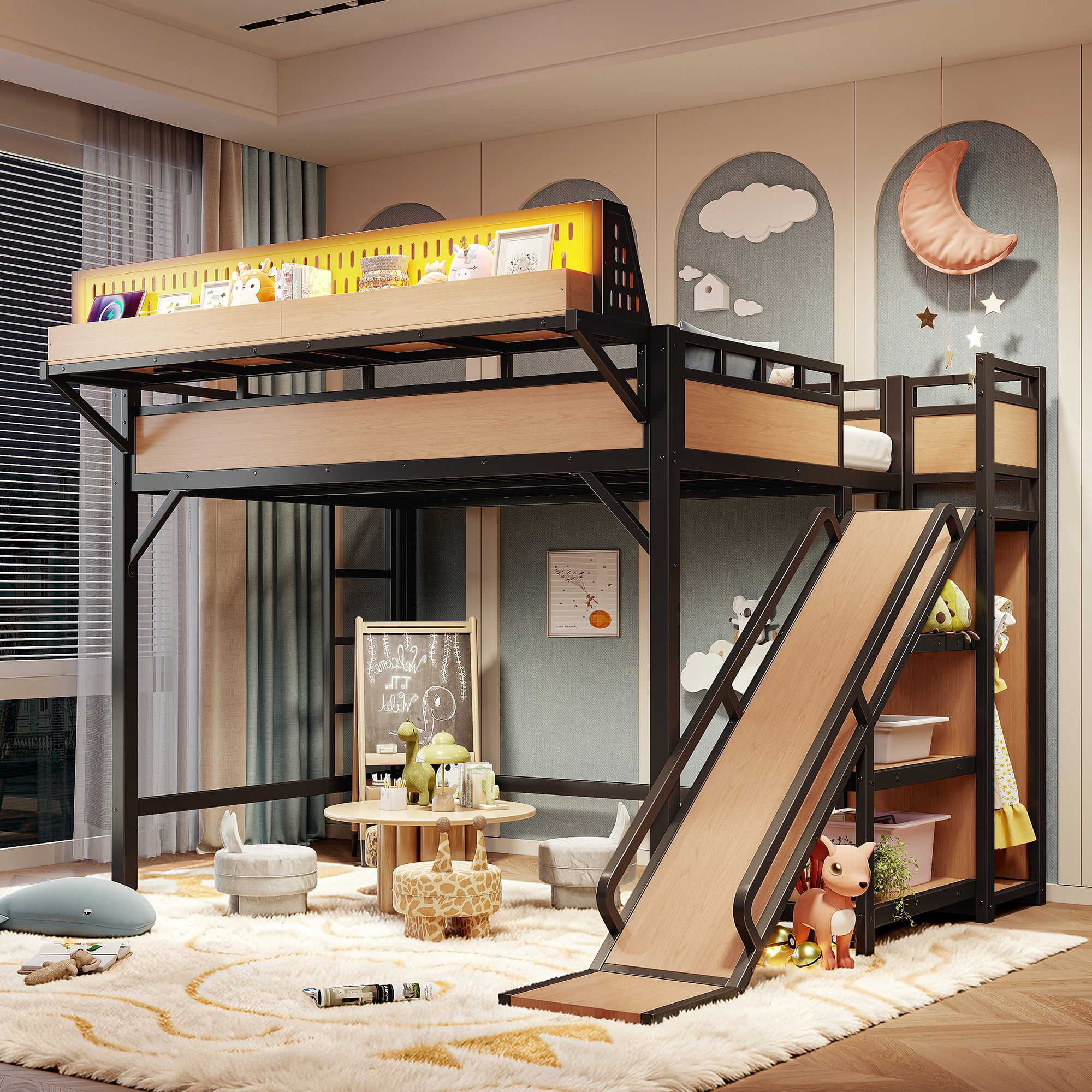 Leumius Full Size Loft Bed with Slide,Storage Shelves and Built-in Wardrobe,Metal Loft Bed Frame with USB Ports and LED Lights,Pegboard,Safety and Solid,