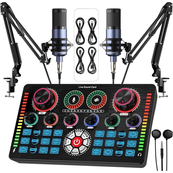 Podcast Equipment Bundle, Q7 Live Sound Card with 2 F11 Condenser Microphones for Singing Broadcast, Live Streaming, Gaming