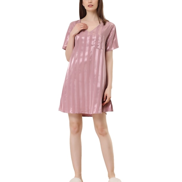 INSPIRAR CHIC Camisones de Satén para Mujeres con Cuello en V, Manga Corta, Camisón a Rayas, Ropa de Dormir de Seda, Vestido de Pijama L Rosa