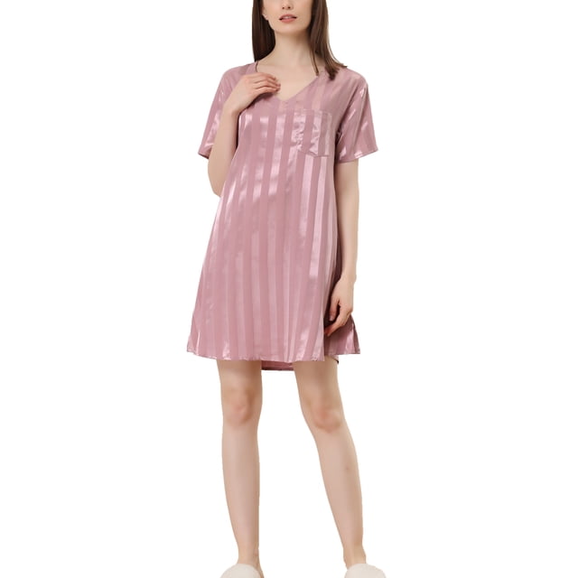 INSPIRE CHIC Nuisettes en Satin pour Femmes Col en V Manches Courtes Chemise de Nuit Rayée Robe de Pyjama Soyeuse Tenue de Détente S Rose