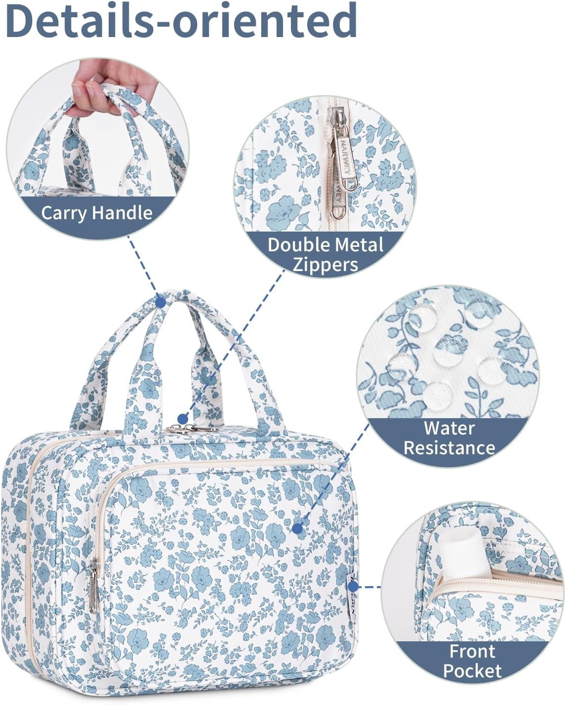 Hanging Travel Toiletry Bag with Hook, Makeup Bags for Women Cosmetic Organizer Toiletries for Brush Shampoo Travel Essentials, Blue Flower