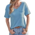 thumbnail image 2 of Short Sleeve Summer V Neck Women Solid Casual Tee Shirt with Pocket, 2 of 6