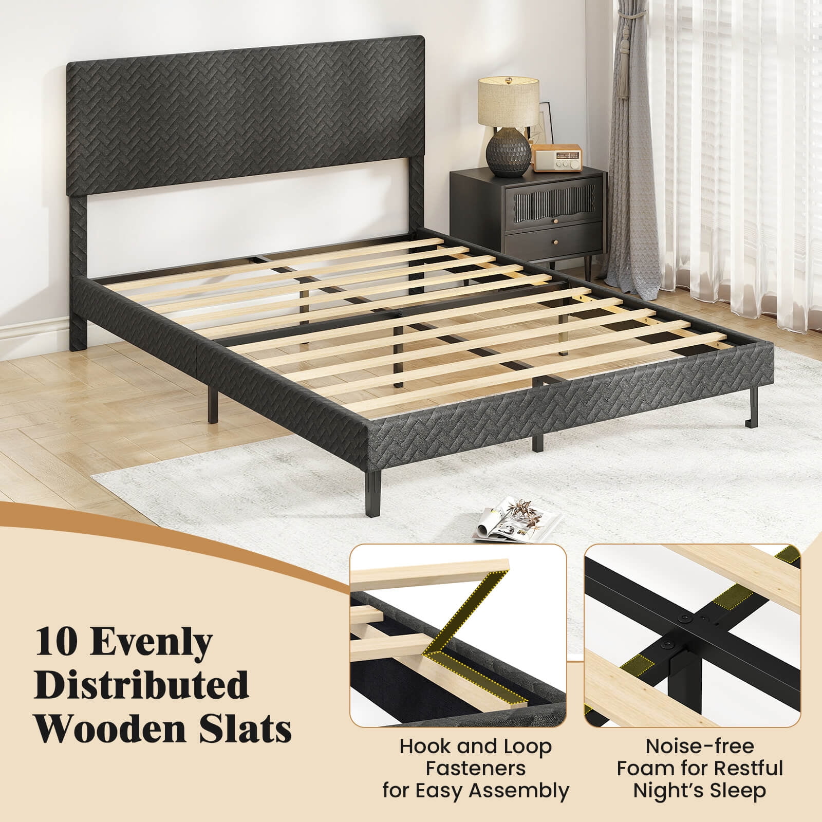 Costway Queen Size Bed Frame with Height Adjustable Chevron Headboard, No Box Spring Needed Gray