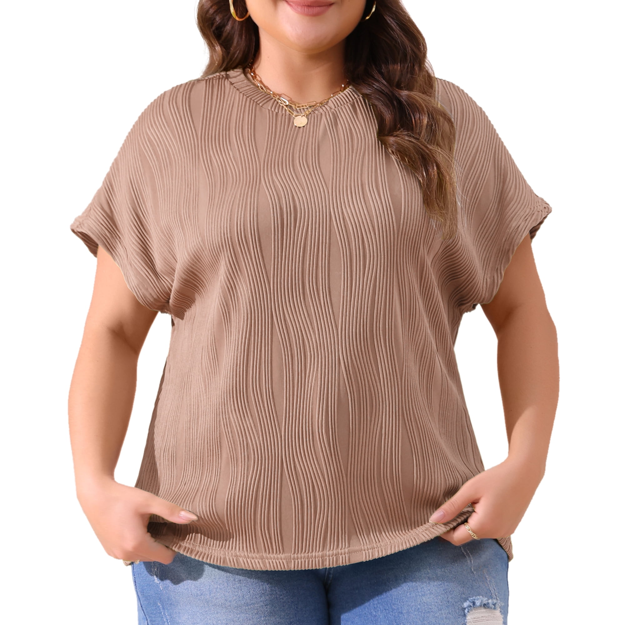 Women's Plus Women's Short Sleeve Textured Tops Crewneck Casual T Shirts 2X Brown