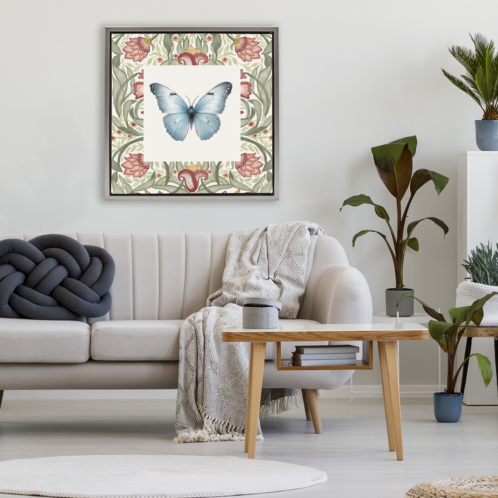 Stupell Industries Baroque Butterfly Vintage Flowers Gray Framed Floater Canvas Wall Art, design by Elizabeth Medley