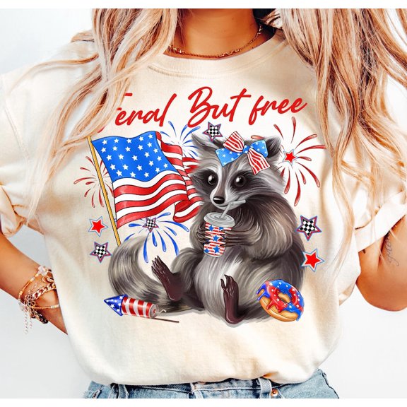 Feral But Free Raccoon T-Shirt, Funny Patriotic Animal Shirt, 4th of July Humor Tee, Independence Day Red White Blue Celebration Top