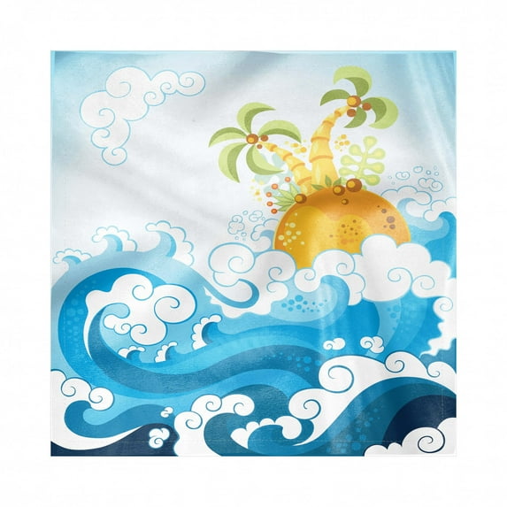 Island Decorative Napkins Set of 4, Ocean Sea Waves and Exotic Palm Trees Island Summer Holiday Kids Playroom Cartoon, Silky Satin Fabric for Brunch Dinner Party, 18", Multicolor, by Ambesonne