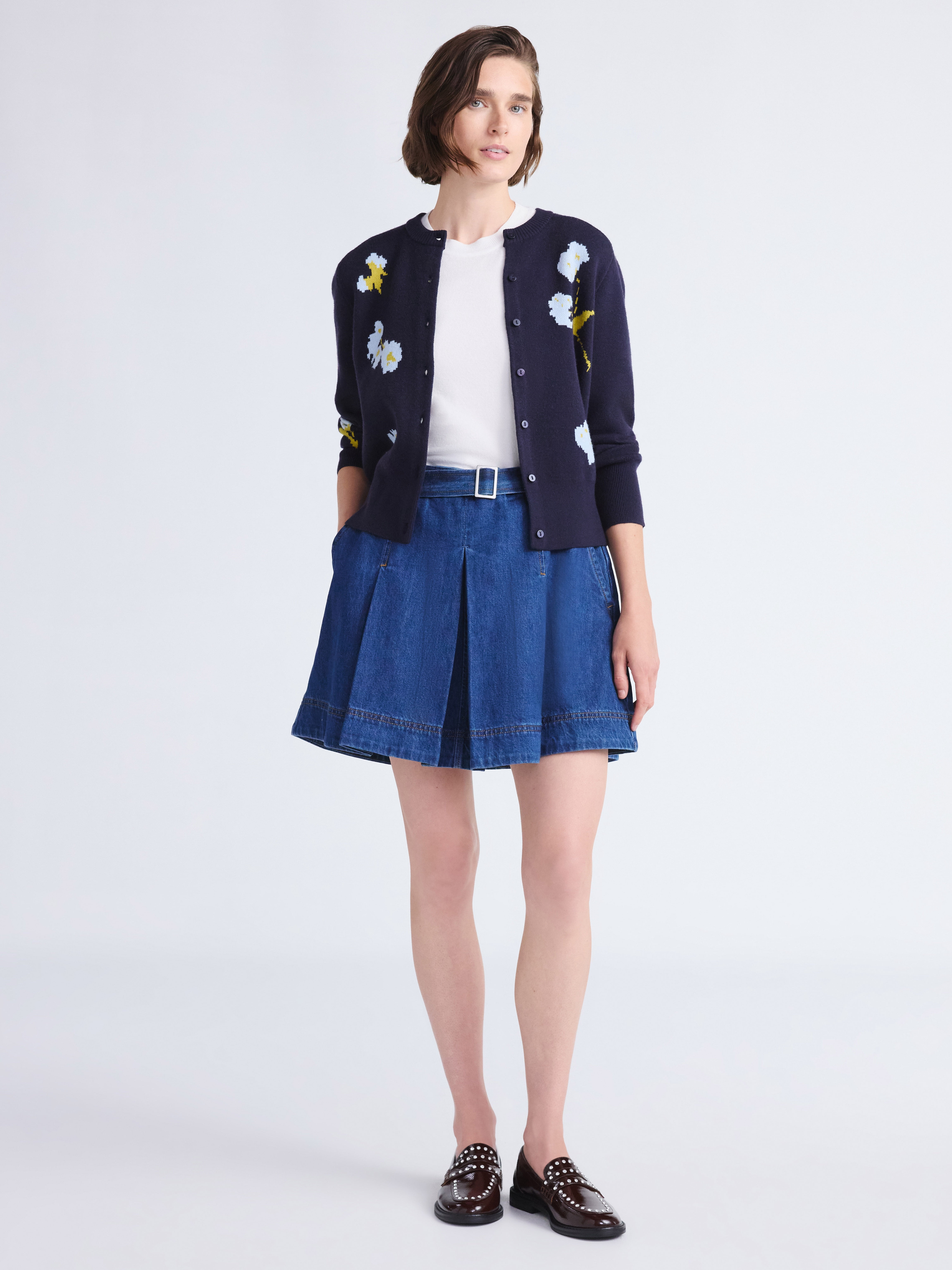 Free Assembly Women's Pleated Denim Mini Skirt with Belt, Sizes 0-20