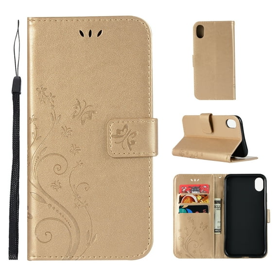 iPhone X Case, iPhone XS Case - Allytech Premium Wallet PU Leather with Fashion Embossed Flower Magnetic Clasp Card Holders Flip Cover with Hand Strap, Gold