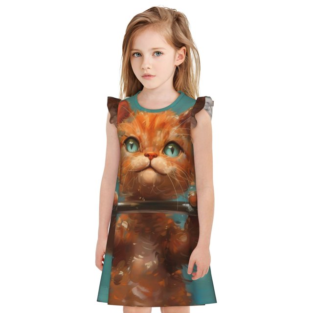 Fotbe Strong Kitten Lifting Weights Vestido de Dormir para Niñas de 3 a 10 Años, Mangas Cortas, Estilo Princesa, Pijama Camisón con Mangas Voladas-XX-Large