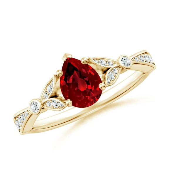 ANGARA Lab Grown Nature-Inspired Pear Ruby Engagement Ring with Leaf Motifs for Women in 14K Yellow Gold (Size-7x5mm) | July Birthstone, Anniversary, Jewelry Gift for Women | Lab-Grown Ruby Ring