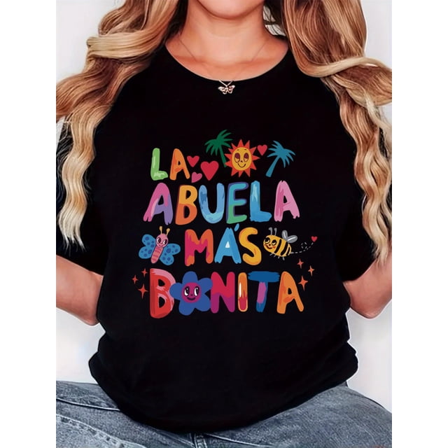 Women'S T-Shirt, " Sun Coconut Oil Painting English ABUELA" Print, Retro Minimalist Fashion, Round Neck, Casual Comfort, Sports Short Sleeve T-Shirt