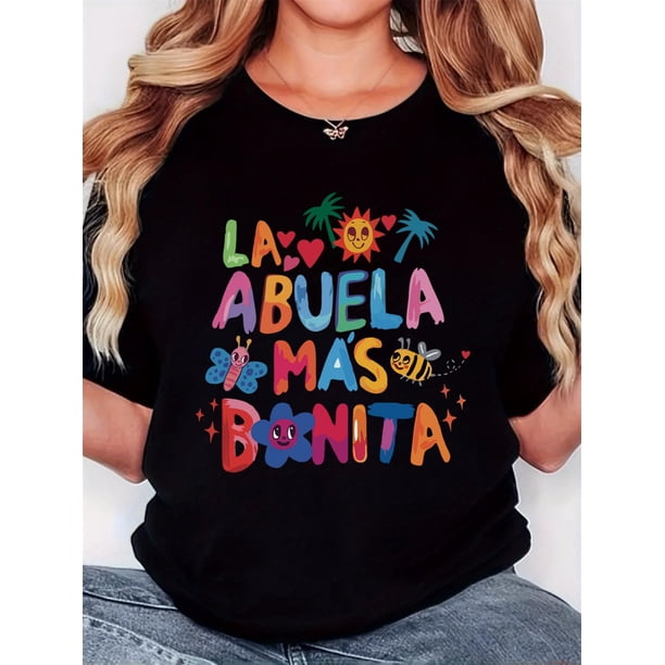 Camiseta de mujer de verano con Cuello RedondoWomen'S T-Shirt, " Sun Coconut Oil Painting English ABUELA" Print, Retro Minimalist Fashion, Round Neck, Casual Comfort, Sports Short Sleeve T-ShirtFath