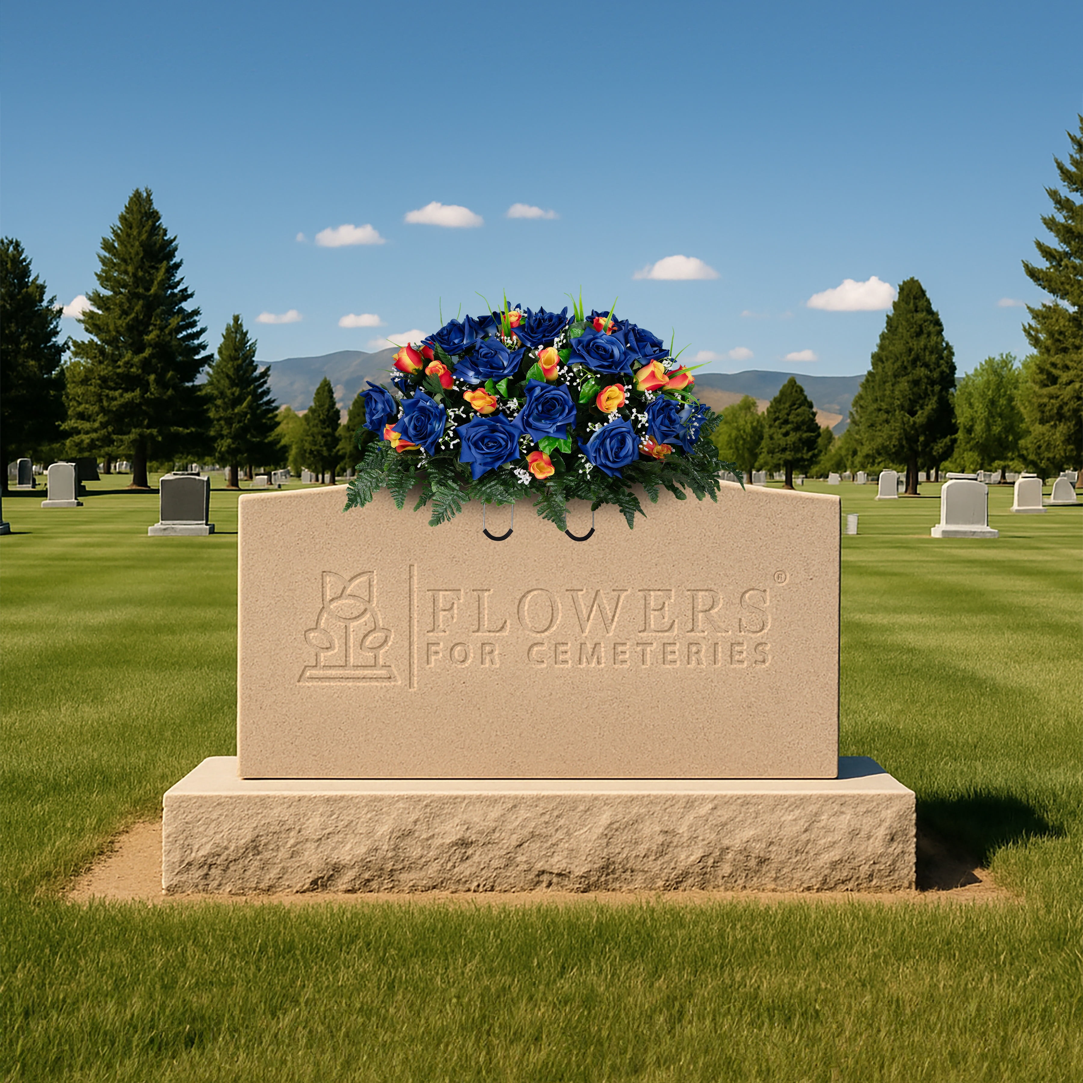 Sympathy Silks Artificial Cemetery Flowers - Blue Open Roses and Orange Rose Buds - Outdoor Saddle for Headstone