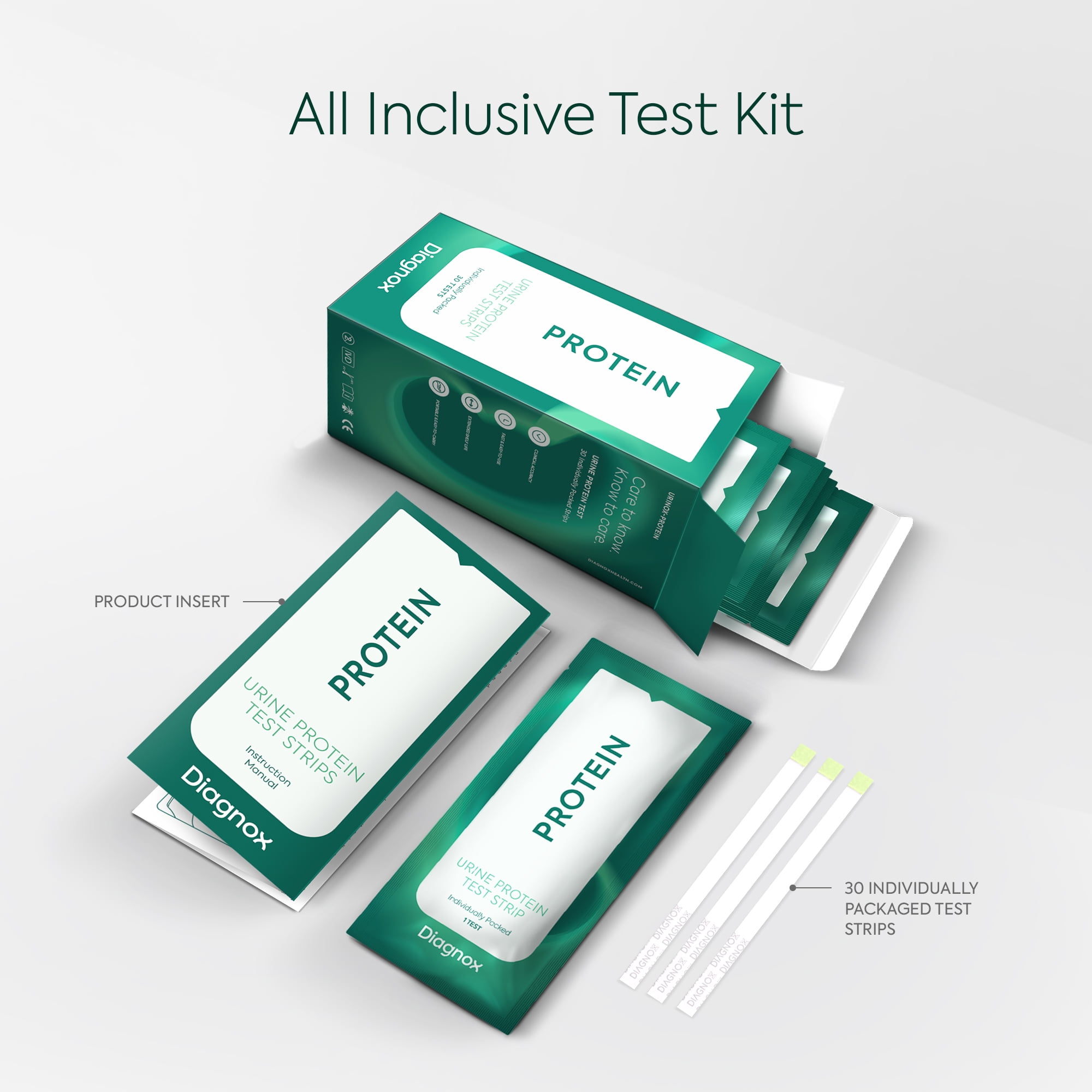 Diagnox Health Urine Protein Test Strips | At-Home Proteinuria Monitoring | Individually Wrapped, Fast 60-Second Results | Easy Urinalysis Test, Pack of 30