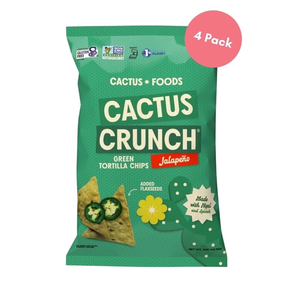 Cactus Crunch Jalapeno Tortilla Chips, 5 oz Bags, 4 Pack, Non-GMO, Gluten Free, Plant-Based Snack