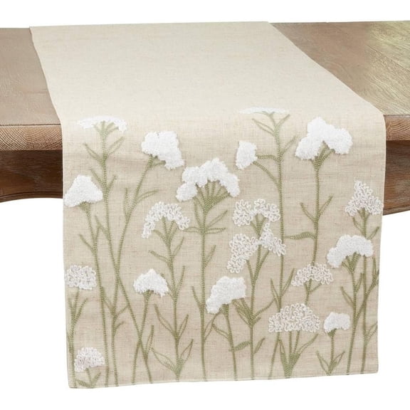 Fennco Styles Embroidered White Flowers Linen Blend Table Runner 16" W x 70" L - Floral Design Natural Table Cover for Home Décor, Dining Table, Banquet, Everyday Use, Family Gatherings