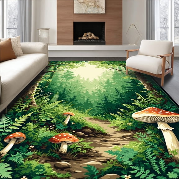 ODIKA 4'x6' Machine Washable Non-Slip Area Rug, Nature Inspired Round with Mystical Forest and Mushroom Motifs High Traffic Rug, Green, 67171