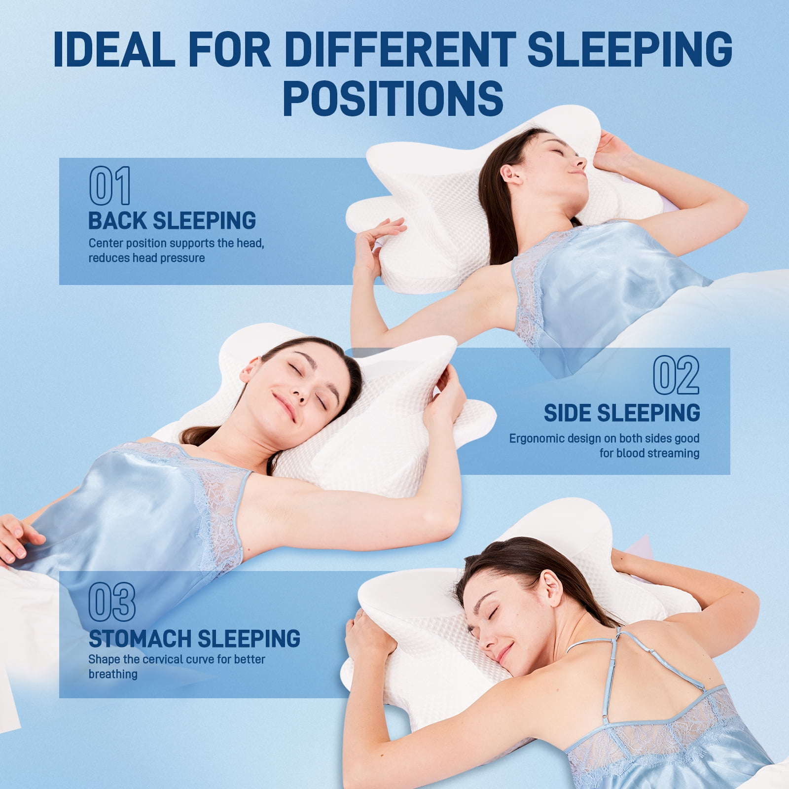 Cervical Neck Pillow - Memory Foam Pillow for Neck Support & Pain Relief, Ergonomic Contour Pillow for Back & Side Sleepers, Soft & Washable Pillowcase (White-White)